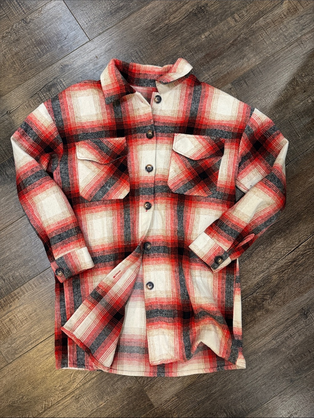 Red, Black & Cream Plaid thick flannel Button-Up Shacket